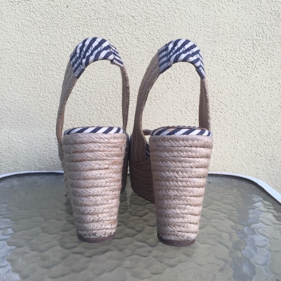 Blue and White Striped Slingback Espadrille Wedges - Picture 4 of 8